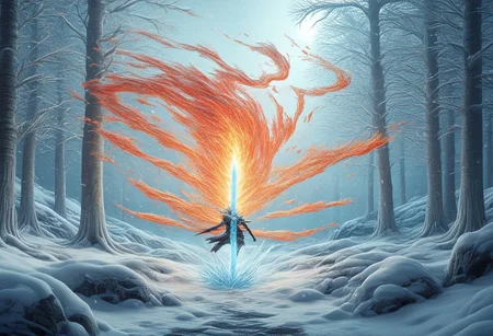 a sword, snow, ice, OverallDetail, glowing fire, lightnings
BREAK
outdoors, falling snow, at day, light particles,