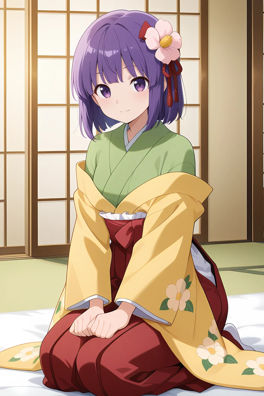 absurdres, highres, masterpiece, best quality, amazing quality, official anime artwork, screencap, anime screencap, indoors, light smile, looking at viewer, dynamic pose,
<lora:Hieda-no-Akyuu_Illustrious:1> hieda no akyuu, 1girl, solo, purple eyes, purple hair, short hair, hair flower,, japanese clothes, green kimono, yellow sleeves, wide sleeves, off shoulder sleeves, red skirt, red hakama, floral print, sitting, seiza,