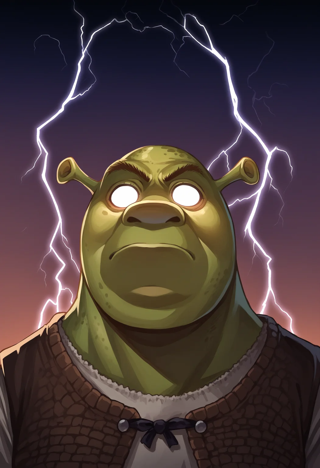 score_9, score_8_up, source_anime, 1boy, incrslowtier, <lora:KYS_XLPD:1.3>, electricity, upper body, glowing eyes, no eyes, expressionless, <lora:Shrek_XLPD:1> shrek, green skin