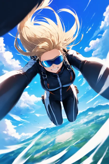 1girl, skydiving, freefall, arms and legs spread, smiling, exhilarated, windblown hair, blue sky, white clouds BREAK high altitude, bird's eye view, dynamic pose, fast motion, wind rush, shallow depth of field, masterpiece, best quality, absurdres