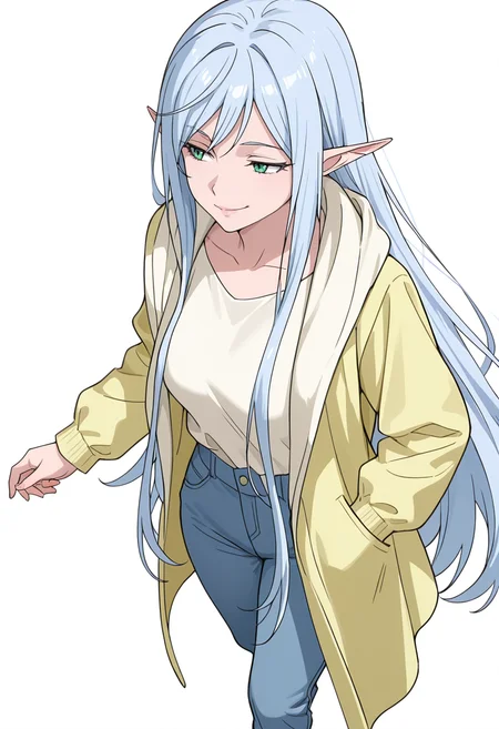 Smooth Quality,masterpiece,very intricate, high quality details, ultra realistic, high detailed skin,detailed enviorement,absurdres,
simple background, white background,
walking, one hand in pocket, looking aside, casual, confident,  ,from above,naughty face,
 <lora:El-Ru_Sarion_Elmesia_cnn:0.8> elmesiacnn,1girl, green eyes, pointy ears, blue hair, very long hair,
robe,  ,windbreaker,  ,flared pants,