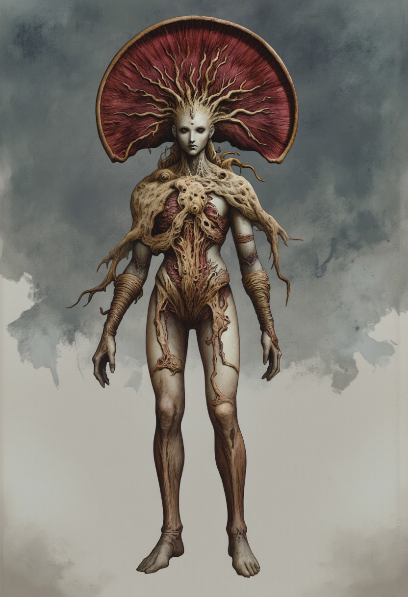 MikeFranchinastyle, Surreal art, d4artstyle, d4concept, , made of clay, aidmaMJ6.1, ZBClay model of a gray sculpture, berserk style, H.R. Giger, 
Create a highly detailed, single creature inspired by a fungal humanoid with alien elegance. The creature stands tall, with a wide, upward-reaching mushroom cap as its head, casting a mysterious aura. Its face is faintly defined, with darkened eye sockets, hinting at sentience. Below the cap, intricate sinewy textures run down its neck and shoulders, resembling woody fibers that merge into organic, leaf-like patterns across the chest and torso, adding both structure and delicacy.
The slender, elongated body is both graceful and slightly ominous, with subtle curves suggesting resilience. Its arms extend into thin, clawed fingers, adding a sense of both grace and danger, fitting a guardian or warrior aesthetic. Small fungal growths adorn the arms and legs, with textures reminiscent of veins or roots, blending plant-like and fungal traits. Legs are thin but firm, grounded in appearance, exuding strength.
The color palette includes earthy reds, browns, and creamy whites, with subtle shading to emphasize natural, organic textures. 
Background solid color with a faded dimly lit, fog-covered darkness tone that emphasizes its silhouette. The medium is not a traditional painting or illustrative medium like watercolor or ink but rather a digital rendering, eerie and unsettling.