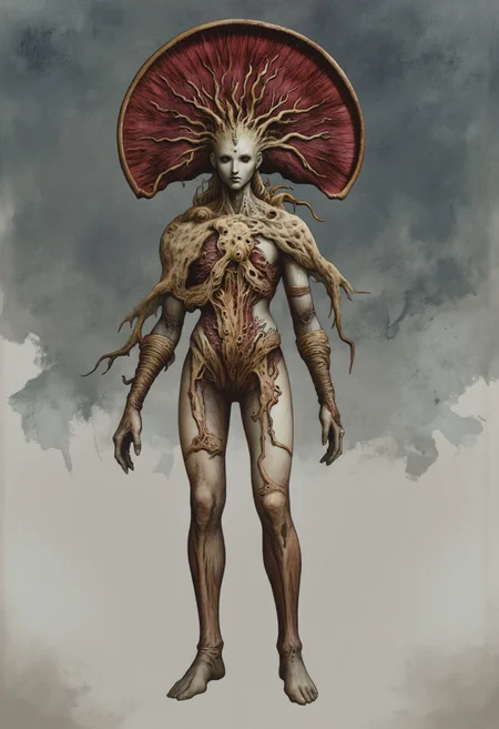 MikeFranchinastyle, Surreal art, d4artstyle, d4concept, , made of clay, aidmaMJ6.1, ZBClay model of a gray sculpture, berserk style, H.R. Giger,
Create a highly detailed, single creature inspired by a fungal humanoid with alien elegance. The creature stands tall, with a wide, upward-reaching mushroom cap as its head, casting a mysterious aura. Its face is faintly defined, with darkened eye sockets, hinting at sentience. Below the cap, intricate sinewy textures run down its neck and shoulders, resembling woody fibers that merge into organic, leaf-like patterns across the chest and torso, adding both structure and delicacy.
The slender, elongated body is both graceful and slightly ominous, with subtle curves suggesting resilience. Its arms extend into thin, clawed fingers, adding a sense of both grace and danger, fitting a guardian or warrior aesthetic. Small fungal growths adorn the arms and legs, with textures reminiscent of veins or roots, blending plant-like and fungal traits. Legs are thin but firm, grounded in appearance, exuding strength.
The color palette includes earthy reds, browns, and creamy whites, with subtle shading to emphasize natural, organic textures.
Background solid color with a faded dimly lit, fog-covered darkness tone that emphasizes its silhouette. The medium is not a traditional painting or illustrative medium like watercolor or ink but rather a digital rendering, eerie and unsettling.