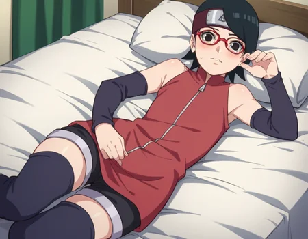 score_9, score_8_up, score_7_up, source_anime,
saradauchiha, <lora:sarada-uchiha-anime-ponyxl-lora-nochekaiser:1>,
sarada uchiha, short hair, black hair, black eyes, red-framed eyewear, glasses, swept bangs,
thighhighs, bare shoulders, detached sleeves, shorts, zipper, toeless footwear, dress, red dress,
indoors, bed, bed room, on side, blush, drunk,
solo, looking at viewer, cowboy shot, dutch angle,