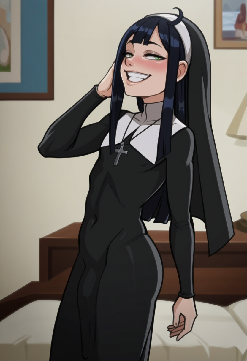 source_anime,anime screencap, anime coloring,intricate details,rating_explicit, masterpiece, best quality,
(best quality, absurd res, ultra detailed),,(4 finger:0.5),1girl, ((solo)), good eyes,perfect eyes,,detailed eyes, zPDXLxxx , zPDXL3, OverallDetail,detailed, detailed face
BREAK
solo,indoors,standing,front view,
erauso, 1boy, ponpu style, boy focus, green eyes, long hair, black hair,  ahoge, otoko no ko, crossdressing, nun, black habit, long sleeves, covered navel, full body, grin, naughty face,
, <lora:add-detail-xl:2>  <lora:erauso:0.8>