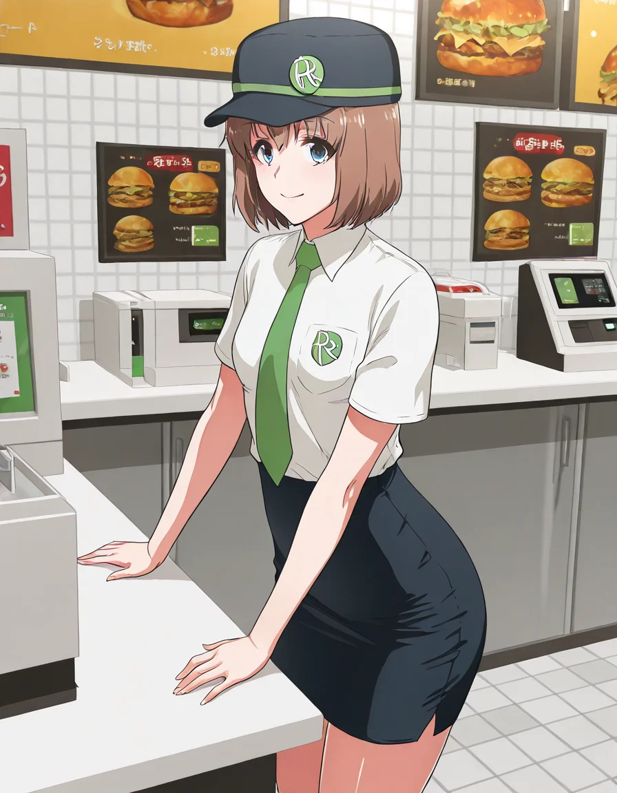 1girl, solo, m1nj1Y4ng, short hair, small breasts, brown hair, blue eyes, uniform, hat, pencil skirt, green necktie, shirt, standing behind counter, working, smile, counter, fast food restaurant, cash register