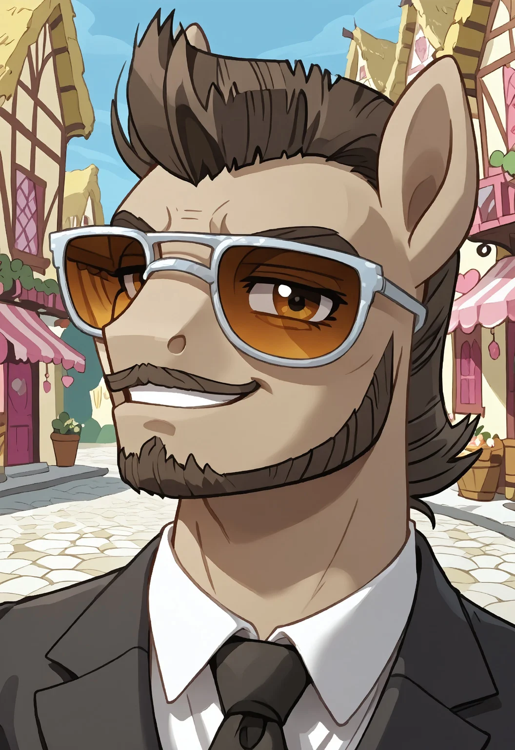 safe_pos, safe_pos, score_9, score_8_up, score_7_up, rating_nsfw, ultra hd, absurdres, solo, masterpiece, best quality, best aesthetic, Expressiveh, wolfconf,
MLPWalter, walter_facialhair, walter_brownhair, sunglasses, necktie, beard, suit, (portrait), headshot, looking at viewer, smiling, pony, ponyville, earth pony, horse