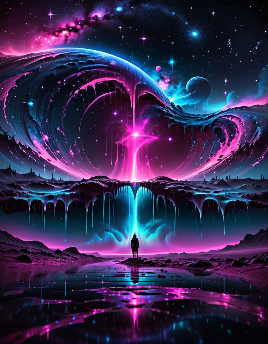 dark symbolism, Voluminous ("Silent moments under the starry sky, a celestial serenade, connecting us to the vastness of the cosmos.":1.1) , vignette, Relaxed, dripping with dark pink, made out of ral-hlgrphic and Jed-Cosmos <lora:Jed-Cosmos-sdxl:0.4> <lora:ral-hlgrphic-sdxl:0.55>, complimentary colors, intense, enchanted, advanced cinematic perfect light, illustrious quality