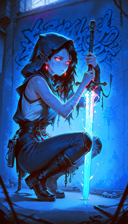 masterpiece, best quality, good quality, newest, highres, absurdres, 1girl, solo, long hair, looking at viewer, black hair, holding, jewelry, weapon, earrings, boots, sleeveless, pointy ears, hood, sword, pink eyes, holding weapon, glowing, scar, chain, holding sword, bandages, hood down, squatting, sheath, glowing eyes, blue theme, bandaged arm, scabbard, glowing weapon, graffiti, glowing sword, Z3D, Rovina_Cai <lora:illustriousXL_stabilizer_v1.23:0.3> <lora:NOOB_vp1_detailer_by_volnovik_v1:0.3> <lora:ponyv6_noobE11_2_adamW-000017:0.3> <lora:Rovina_Cai_-_MtG_Style_-_Zeds_Styles:0.6> <lora:solaXL_NBVP1_lokr_V6311P:0.7>