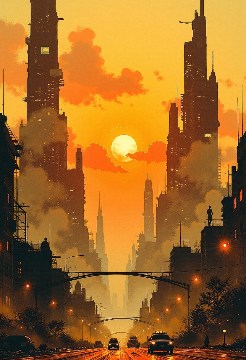 nistyle, Inkplash art on rice paper, sepia, henna , Silhouette Art, magnificent,  inkwash of an advanced sci-fi cityscape, with gleaming towers and skyscrapers, clear sky, sunset, golden hour
Hide