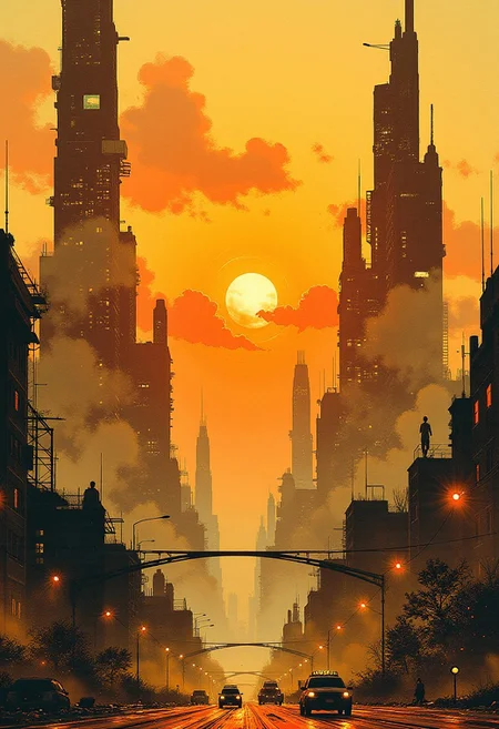 nistyle, Inkplash art on rice paper, sepia, henna , Silhouette Art, magnificent, inkwash of an advanced sci-fi cityscape, with gleaming towers and skyscrapers, clear sky, sunset, golden hour
Hide