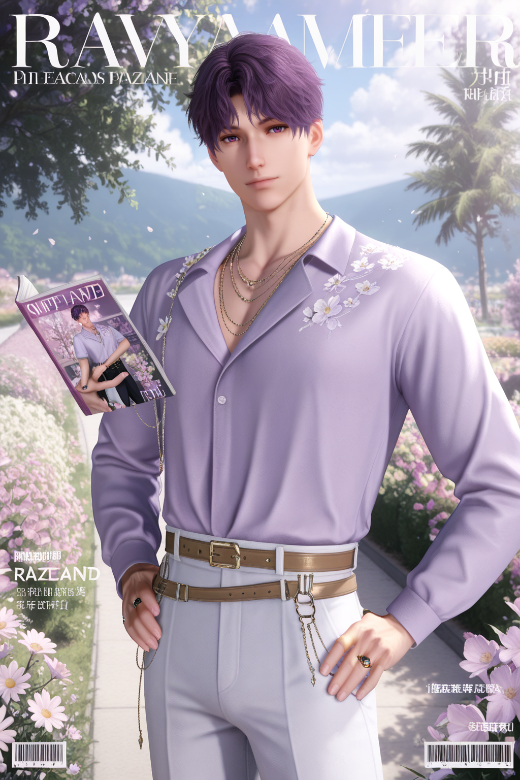 <lora:rafayel-IL-000008c:0.9>, rafayel, purple hair, 1boy, magazine cover, male focus, solo, shirt, jewelry, looking at viewer, necklace, holding, short hair, pants, chain necklace, hand on own hip, fake magazine cover, ring, cover, belt, flower, outdoors,  bara,male focus,very awa,masterpiece,best quality,amazing quality,nsfw,uncersored,highres,best quality,amazing quality,best aesthetic,absurdres,