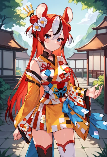 score_9,score_8_up,score_7_up,score_6_up,score_5_up,score_4_up,
1girl, hakos baelz, double bun, hair stick, long hair, breasts, mouse ears, kimono, detached sleeves, wide sleeves, obi, sash, mismatched legwear, sash, obi, floral print, asymmetrical legwear, hair flower, waist bow,
outdoors, cowboy shot, solo, looking at viewer,
<lora:baelzponyxl6:1>