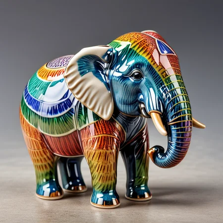 A beautifully crafted colorful ceramic and porcelain figurine of a elephant, colorful HDR background <lora:CeramicXL_LoRA:1>