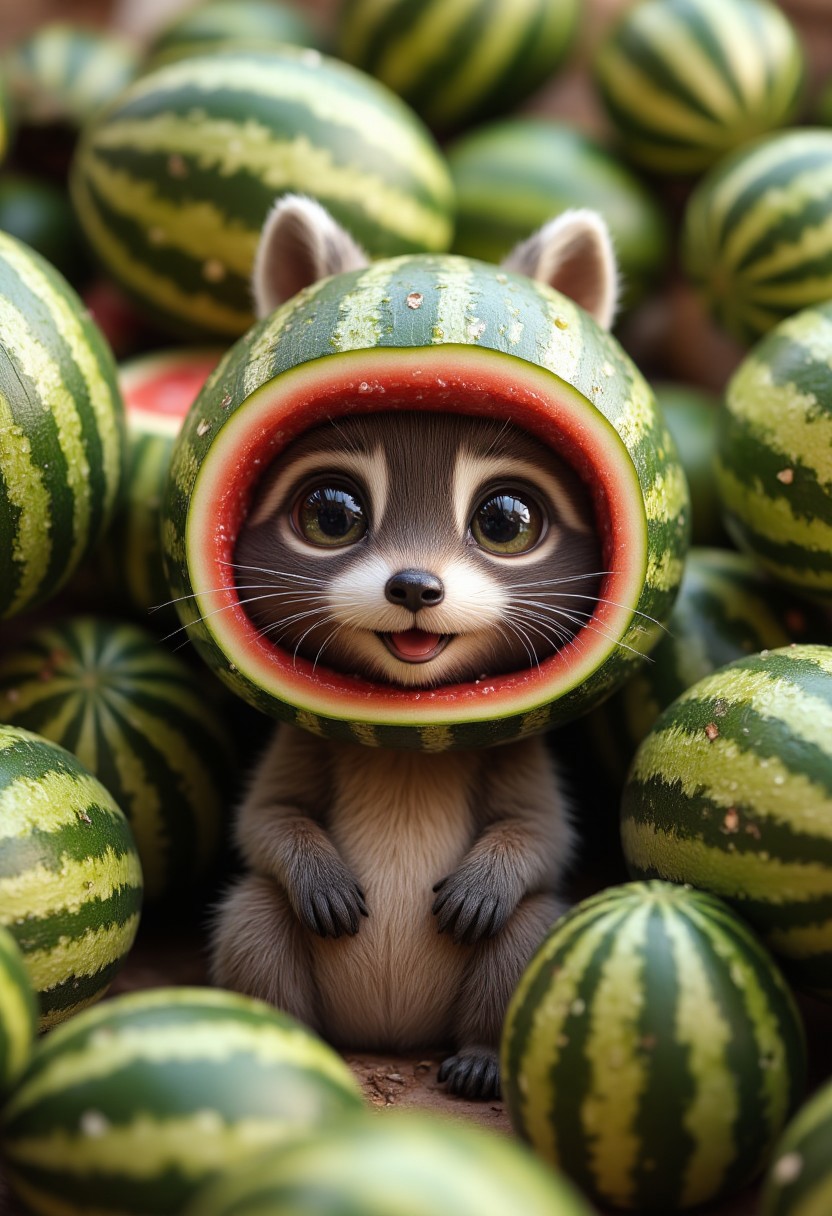 A cute little raccoon sits among a huge pile of watermelons. The raccoon has half a watermelon on his head like a hat. The raccoon's ears stick out of the watermelon hat. The raccoon has a friendly happy smile. The raccoon has round funny baby eyes. Around the cute little raccoon there are endlessly many whole watermelons. Adorable, cute, funny. realistic, higly detailed, cinematic, cartoonish atmosphere. detailmaximizer, midjourneyv6.1