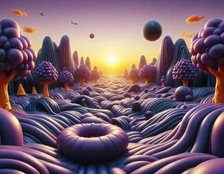 an inflatable dark purple rbbrwrld landscape at sunset<lora:rbbrwrld:1>