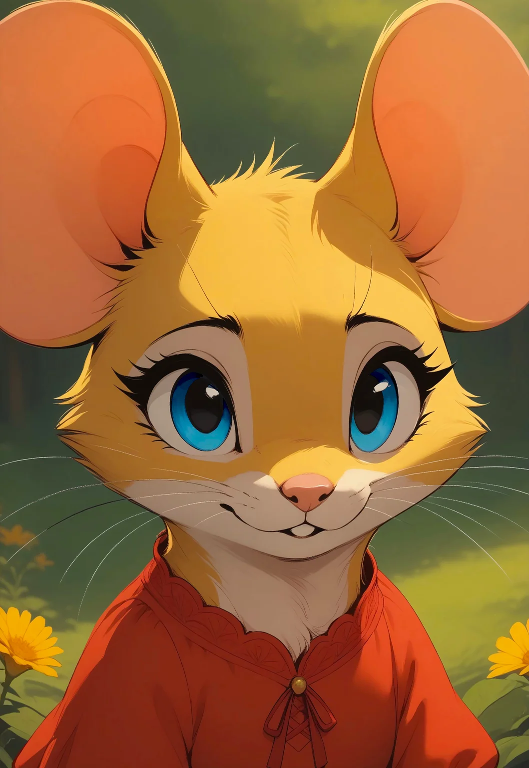 score_9, score_8_up, score_7_up, score_6_up, score_5_up, score_4_up, m0use_maximilla, (yellow fur, blue eyes), cute, feral
[][][][][]
red dress
[][][][][]
outdoors, nature, flowers, (upper body shot, head focus, close up), 