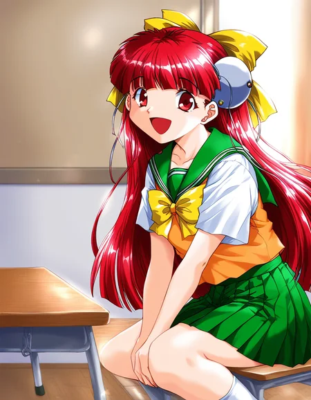 score_9, score_8_up, score_7_up, source_anime, rating_explicit, BREAK <lora:Nanako_RISE_XL:1>ãNanako_RISE, long hair, red hair, red eyes, bangs, hair bow, headgear, yellow bow,
1girl, solo, school uniform, table, sitting, skirt, bow, open mouth, green skirt, indoors, pleated skirt, Yellow serafuku, short sleeves, smile