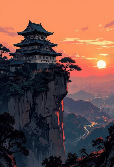 Special Ink-drawing mode, intricate linework with expressive contrasts, Mh1$AgThS2, Silhouette Art, magnificent, image of medievel Japanese castle of the Edo era, at the top of a cliff overlooking a forested valley, sunset