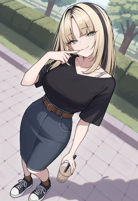 masterpiece, best quality, 1girl, solo, KoganeiNiko, green eyes, slit pupils, multicolored hair, blonde hair, black hair, long hair, side braid, parted bangs, casual, single bare shoulder, black shirt, bra strap, belt, denim skirt, socks, sneakers, dutch angle, wide shot, outdoors, park, bubble tea, holding bubble tea, looking at viewer, head tilt, smile, finger to mouth, <lora:ChamKoganeiNikoIllustriousXL:1>