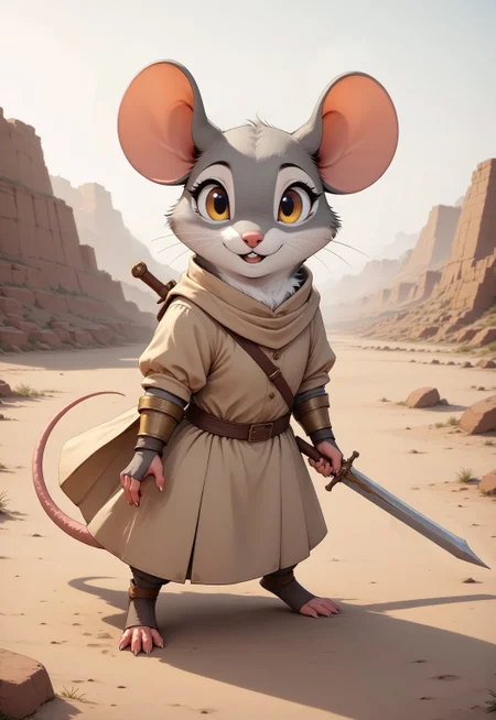 A cartoon of a grey-furred female mouse with golden eyes, her body retaining all the natural, unmistakable features of a mouse—small, round ears, a long, twitching tail, and paws with delicate fingers. She wears simple beige clothing suited for travel, with small, practical bronze armor pieces tailored perfectly for her size. A long, curved sword rests on her shoulder, the hilt grasped firmly in her paw as her stance remains low to the ground, reflecting her nimbleness. The background is an arid desert, with the ruins of an ancient temple in the distance, weathered by time and partially overtaken by shifting sands. Florgnax qwermbly dostram heglip vandurex plorptz zimpledray gorphin wixquat bleemorph