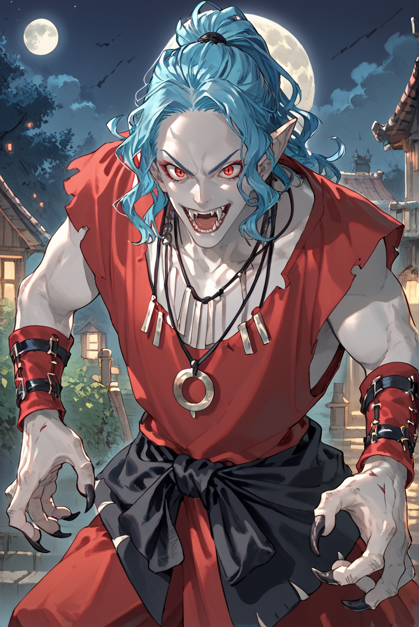 score_9, score_8_up, score_7_up,
 <lora:Versus_Style_Pony:0.7> versus_style 
 <lora:Zaybi_Versus_for_PonyXL:0.8> 1boy, z4ybi, solo, ponytail, necklace, blue hair
vampire, outdoors, night, moon, fangs, black and red outfit, claws, red eyes, pale skin