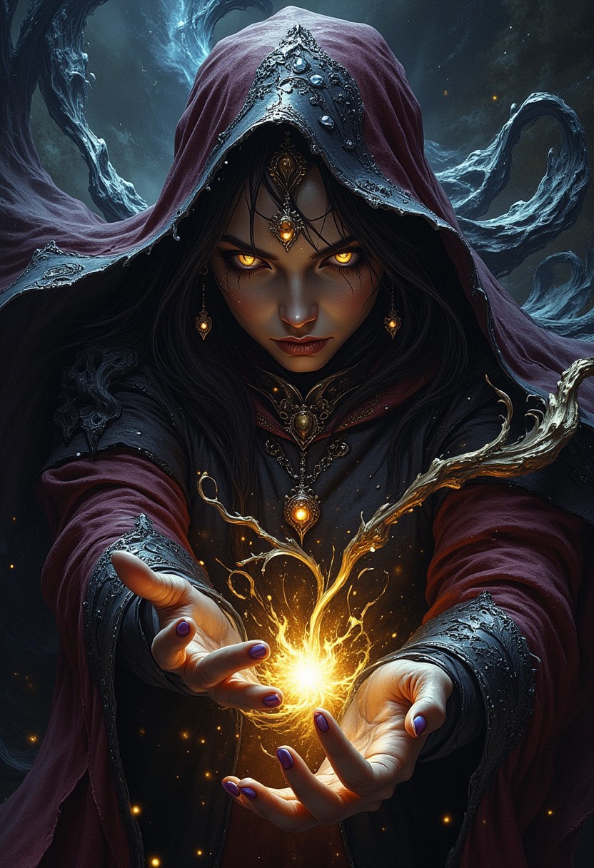 masterpiece, high detail, ArsMJStyle, dnddarkestfantasy, female mage, glowing eyes, magic, BREAK, highest definition, HD32K, wallpaper, hyperdetailed, concept art