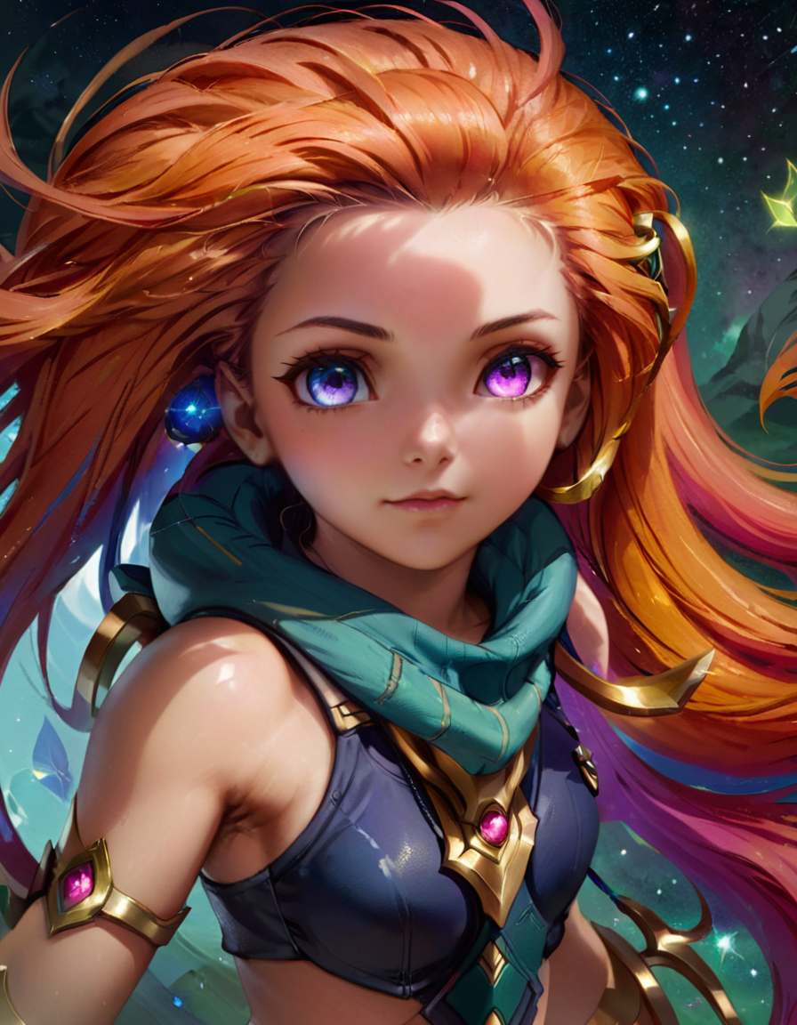 concept art 1girl zoe, (heterochromia), long multi colored hair, league of legends, Establishing shot, Wide Shot,
 <lora:LolZoeXL:0.9> <lora:xl_more_art-full_v1:0.4>, ZIP2D . digital artwork, illustrative, painterly, matte painting, highly detailed
