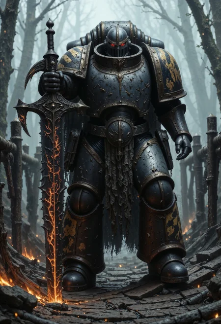 A Powerful IronW40k space marine, draped in tattered, dark power armor that pulses with a faint, eerie glow, stands on a creaking wooden bridge. He points the tip of a massive, rune-etched sword menacingly at the camera, the blade crackling with dark energy. Shadows swirl around him, and the misty air is thick with tension. red flames flicker within his hollow eyes, reflecting the bridge's warped, splintered planks, over the sword camera view