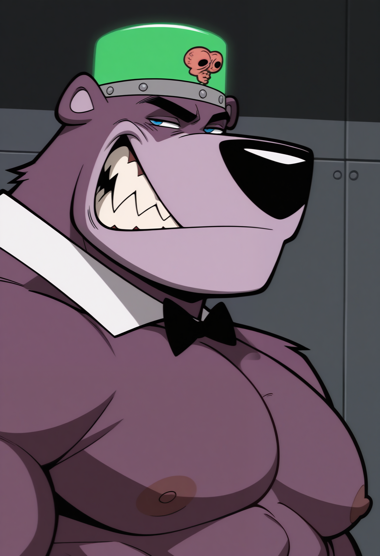 masterpiece,best quality,amazing quality, 1boy, solo, b0sk0v, bear, bara, purple fur, blue eyes, black bowtie, white tuxedo collar, close up, side angle, seductive smirk,