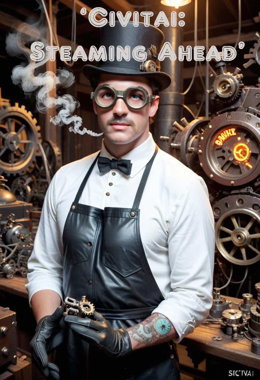 score_9, score_8_up, score_7_up, Use hyper-realism to create a photorealistic rendering, 16k resolution, "A bustling steampunk workshop with gears and cogs, smoke and sparks all around, 1man, (a man in a white shirt a leather apron a bowler hat large leather gloves, and welding goggles), a mad scientist working on a giant steampunk style server, gears and wires running everywhere,   (((a big Sign overhead reads ‘Maintenance Mode: Steam-Powered Fixes’. Text: ‘Civitai: Steaming Ahead’.")))