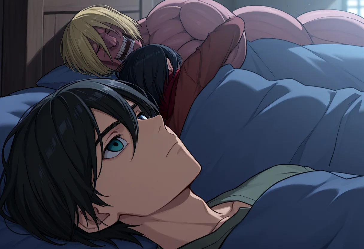 (masterpiece, best quality, amazing quality), absurdres, very awa, 500_dollar_four_foot_tall_mareep, 1girl, 1boy, 
BREAK
mikasa ackerman, sleeping, hugging object, large size stuffed toy, size difference, titan \(shingeki no kyojin\), 
BREAK
1boy, male focus, eren yeager, closed mouth, looking up, expressionless, empty eyes, 
<lora:500_dollar_four_foot_tall_mareep_meme:1>