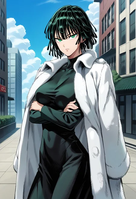 score_9,score_8_up,score_7_up,source_anime, FUBUKI_(ONE_PUNCH_MAN),1girl,solo,breasts,looking at viewer,short hair,black hair,dress,green eyes,jacket,outdoors,sky,day,black dress,blue sky,coat,crossed arms,building,jacket on shoulders,fur coat,