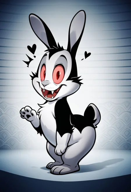 score_9, score_8_up, score_7_up, from behind, tail, solo, male, solo male, bunny, rabbit, bunnicula, pink sclera, red eyes, colored sclera, black and white fur, cheek tuft, grey nose, scut tail, fangs, shortstack, chest tuft, fur markings, chest tuft, cute, looking at viewer, rear view, looking back, barefoot, featureless chest, head tilt, wide eyed, open mouth, shocked, masterpiece, extreme detail, 4k, realistic, shading, psychedelic background, pattern background, full-length portrait, Perfect Hands, 5 fingers, perfect paws, perfect lighting, zPDXL3, Expressiveh, light and shadows by reij-shdwgms, vampire, spooky, heart
