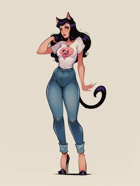 score_9, score_8_up, score_7_up, score_6_up, score_5_up, <lora:dunnXLP:1> dunn, catgirl, high heels, jeans, t-shirt