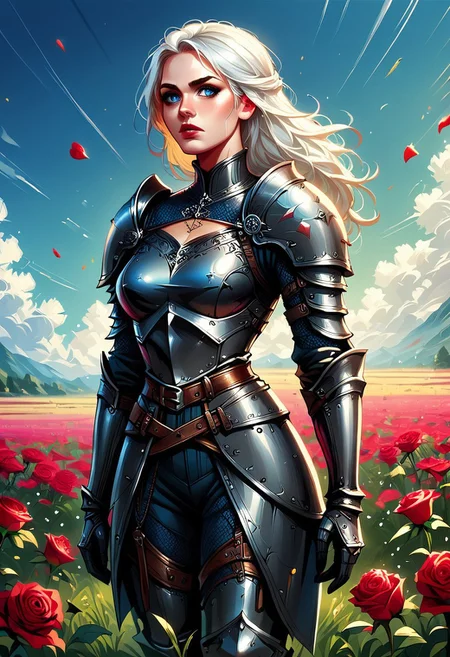 score_9,score_8_up,score_7_up,score_6_up,score_5_up,score_4_up, InkBlast, woman in black armor standing in a field of roses,armor,pale skin,white hair,bright blue eyes,medieval,fantasy,solo focus,epic