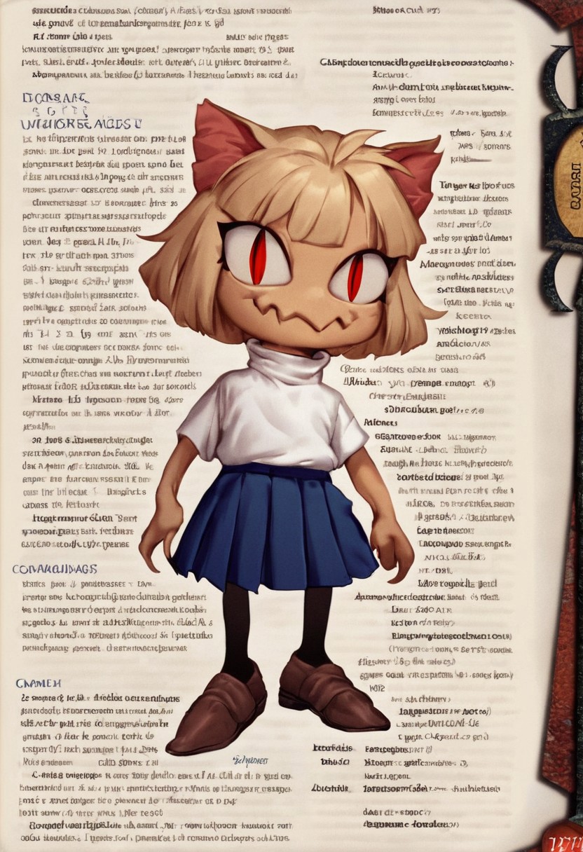 Score_9, score_8_up, score_7_up, solo, , 1girl, necoarc, blonde hair, red eyes, slit pupils, cat ears, :3, chibi, turtleneck, white shirt, blue skirt, pleated skirt, pantyhose, brown footwear, vile creature, gremlin, <lora:ADD_3.5_Monster_Manual_PonyXL:1.2> text, character name, character_profile