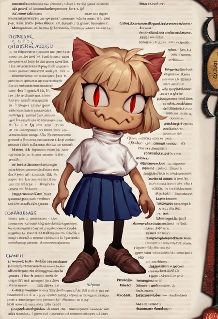 Score_9, score_8_up, score_7_up, solo, , 1girl, necoarc, blonde hair, red eyes, slit pupils, cat ears, :3, chibi, turtleneck, white shirt, blue skirt, pleated skirt, pantyhose, brown footwear, vile creature, gremlin, <lora:ADD_3.5_Monster_Manual_PonyXL:1.2> text, character name, character_profile