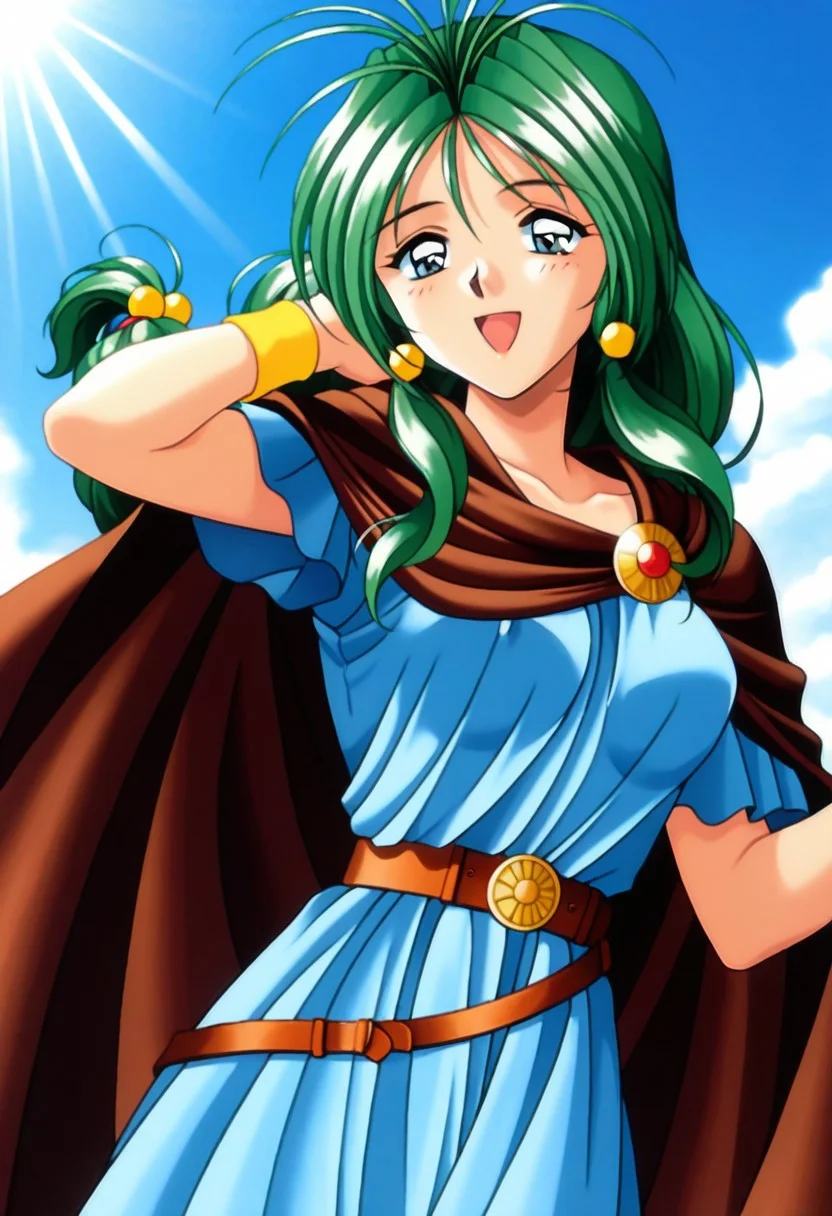 masterpiece, best quality, amazing quality, very aesthetic, high resolution, 1girl, cowboy shot, anime-style, digital art, high resolution, cute girl, smiling, sunlight, bright, clear sky, blue sky, clouds, daytime, outdoor, wind blowing her hair, dynamic pose, cheerful mood, light reflections, detailed background, high quality, beautiful, attractive, light rays, bright lighting, sky, joyful, happy, energetic, bright atmosphere, detailed shading, anime aesthetics, vibrant, lively, braid, jewelry, belt, cape, blue dress, wristband, retro artstyle, 1990s \(style\),
clairemm, blue eyes, green hair, antenna hair, long hair, low-tied long hair, hair bobbles, medium breasts, mature female,