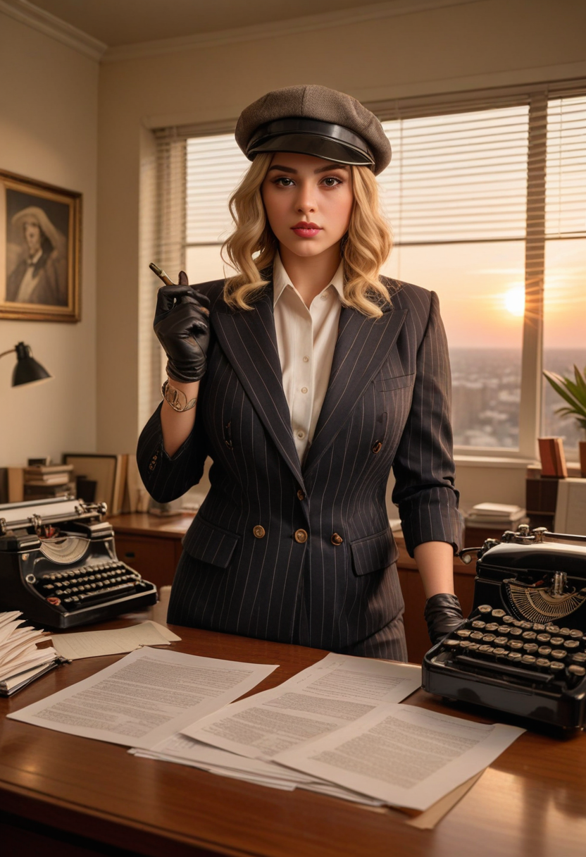 ((fashion photography)), perfect face, perfect eyes, (medium full shot) of  (desirable gangster) young woman, jewish, brown eyes, tan skin, full-figured, wearing a pinstripe  double-breasted suit, flat cap, black dress shoes, blonde hair, leather gloves, holding a brass knuckles, set in the year 1920, in  a tidy office, with a typewriter on the desk, stacks of papers neatly organized, and the soft hum of a ceiling fan , at sunset, surprised, open mouth, running toward the viewer, masterpiece, best quality, photorealistic, very aesthetic
