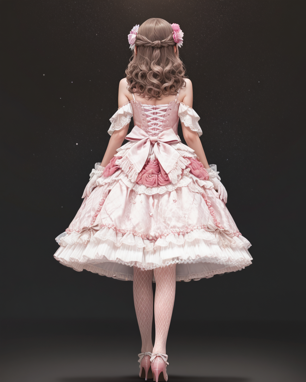 Positive: Masterpiece, best quality, amazing quality, very aesthetic, high resolution, ultra-detailed, absurdres,
1girl, solo, 
ev4r15,
brown hair, long hair, curly hair, wavy hair, blunt bangs, black eyes, bare hair,
pink lace tiered dress,
tiered,lace,frills,bare shoulders,pink flower,frilled dress,bow,jewelry,
lace gloves,white gloves,
choker,pearl necklace,
hair flower,hair ornament,
pink high heels,fishnet_pantyhose, 
black_background, star_\(sky\), standing, full_body,from_behind, face away, medium_dress, 

