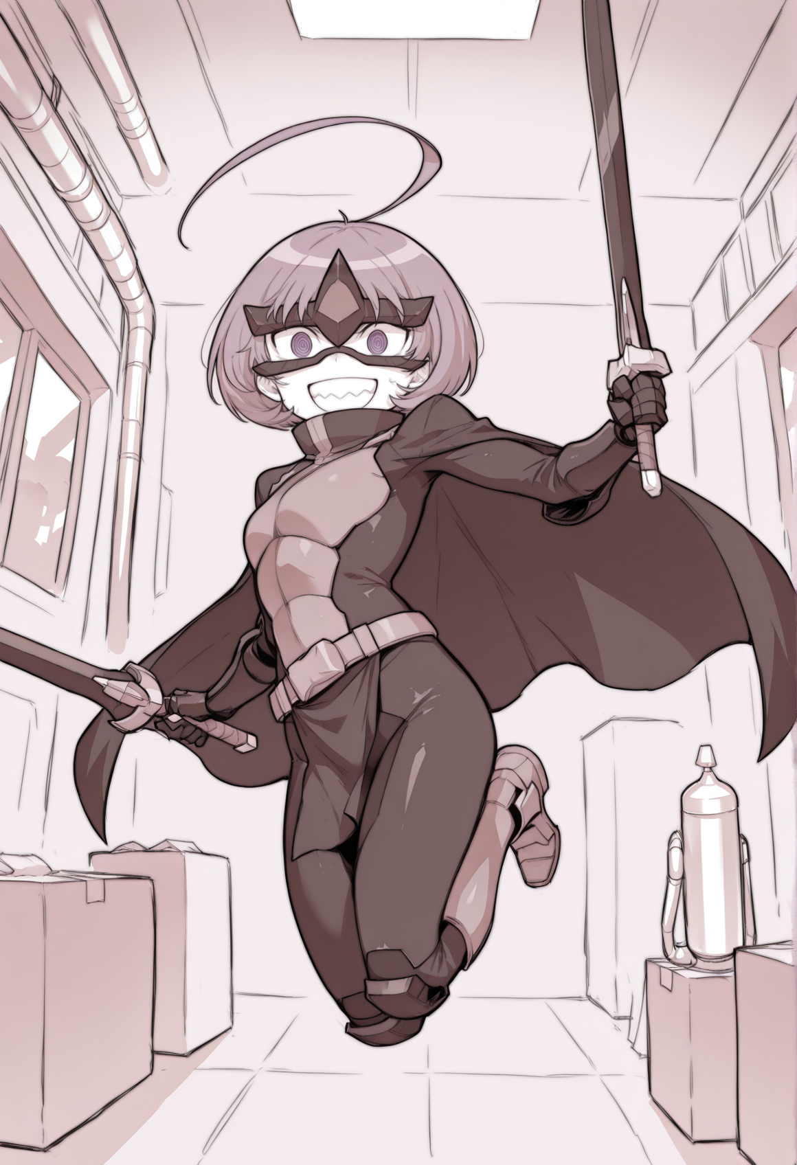 monochrome, lineart, incoming attack, holding sword, dual dual wielding, 1girl, short hair, huge ahoge, @_@, armored bodysuit, black cape, purple eyes, purple hair, gloves, black mechanical gauntlets, black eye mask, belt, pelvic curtain, armored boots, indoors, factory, jumping, legs up, teeth, smile  <lora:biggumane:1> <lora:Bronco_Mask_Trash:1> jumping towards viewer, front view, masterpiece, best quality, amazing quality, very aesthetic, absurdres, highres, newest