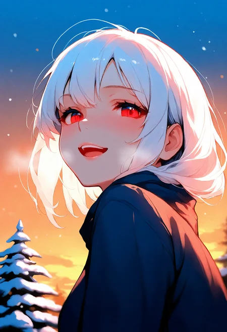 masterpiece, best quality, very aesthetic, 1girl, white hair, lips, thin lips, gradient eyes, red eyes, smile, open mouth, looking ot the side, back, breath, upper body, three-quarter view, from below, snow, tree, twilight, gradient sky, orange sky, cloud, depth of field