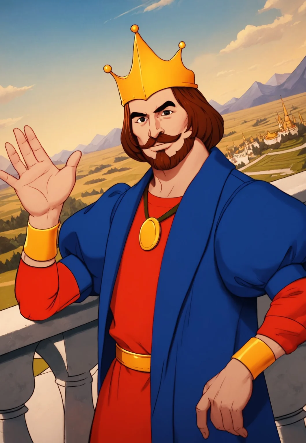 score_9, score_8_up, KingRandor, brown hair, medium hair, black eyes, facial hair, mustache, gold crown, blue coat, puffy sleeves, red tunic, medallion, looking at viewer, smile, dynamic pose, detailed background, dutch angle, palace, balcony, blue sky, clouds, mountain range, portrait, waving, wristbands, gold belt, side view, muscular,