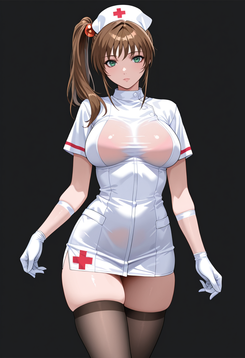 masterpiece, best quality,
1girl, solo,
standing, cowboy shot,
looking at viewer,
<lora:Kurumi_Imari:1> K0r0m11Im4r1, side ponytail, long hair, brown hair, hair bobbles, hair ornament, green eyes, large breasts, 
nurse cap, nurse, miniskirt, gloves, skindentation, see-through clothes, 
simple background, black background,