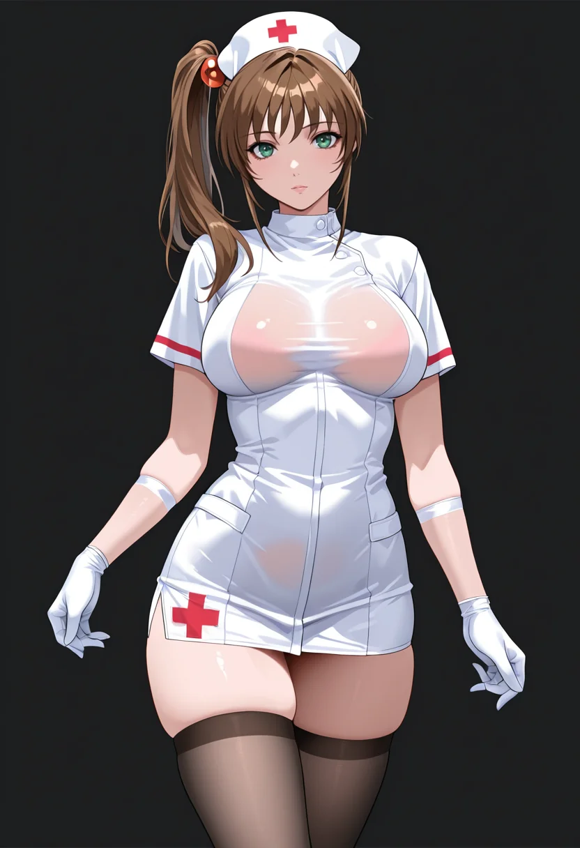 masterpiece, best quality,
1girl, solo,
standing, cowboy shot,
looking at viewer,
<lora:Kurumi_Imari:1> K0r0m11Im4r1, side ponytail, long hair, brown hair, hair bobbles, hair ornament, green eyes, large breasts,
nurse cap, nurse, miniskirt, gloves, skindentation, see-through clothes,
simple background, black background,