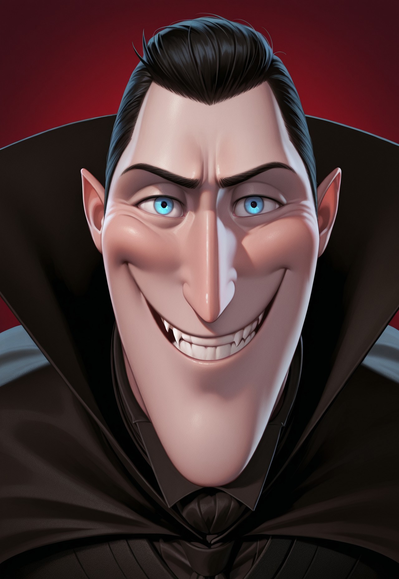 solo, masterpiece, modern, new, 1boy, male, masculine face, daddy looking face, w0lfc0nf

HTDracula, pale skin, black hair, blue eyes, vampire, black cape, headshot, looking at viewer, smiling