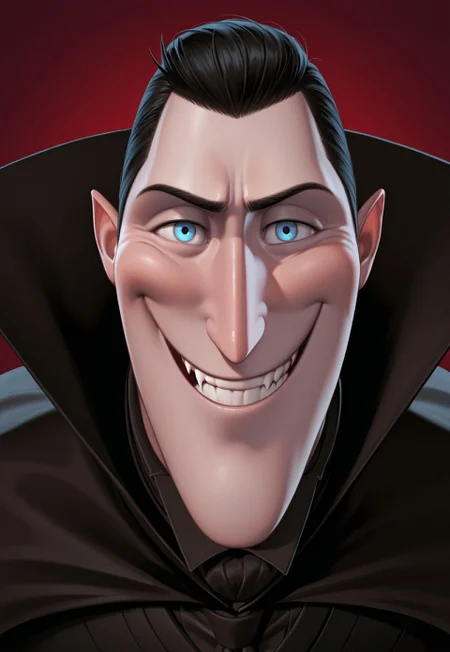 solo, masterpiece, modern, new, 1boy, male, masculine face, daddy looking face, w0lfc0nf

HTDracula, pale skin, black hair, blue eyes, vampire, black cape, headshot, looking at viewer, smiling