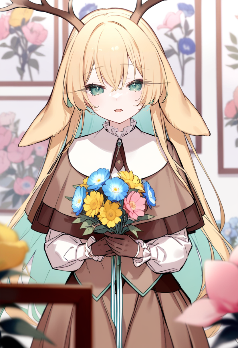 masterpiece, best quality, <lora:yoggiXL_ANI31_lokr_V43P1:0.95>  1girl, solo, animal ears, long hair, flower, horns, deer ears, gloves, antlers, green eyes, blonde hair, holding, looking at viewer, long sleeves, capelet, skirt, shirt, white shirt, very long hair, pink flower, holding flower, frills, multicolored hair, deer girl, frilled sleeves, blue flower, yellow flower, bouquet, open mouth, straight-on, picture frame, blurry, parted lips, hair between eyes, brown capelet, deer antlers, brown skirt, virtual youtuber, upper body, colored inner hair