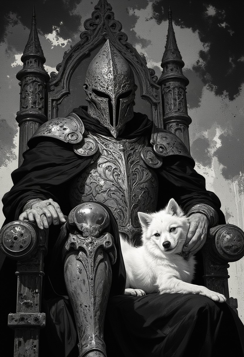 A Gothic-inspired digital painting captures a Knight Templar in a close-up, seated regally on an intricately carved, imposing throne. The knight wears finely crafted plate armor, rendered in meticulous detail, with etched patterns of swirling vines and sacred crosses adorning the chest plate and shoulder guards. His great helm, with a narrow vertical slit and subtle ridges, exudes an air of enigmatic authority. Draped over his left side is a flowing black robe, its folds adding depth and texture to the composition, contrasting against the cold, polished steel of his armor. Resting on his lap is a pure white Pomeranian, its silky fur luminous and soft, standing out as the sole touch of color in an otherwise monochromatic scene. The throne is a masterpiece of Gothic design, featuring carved arches, angular spires, and skull motifs, emphasizing the somber, medieval tone. The background fades into abstract, smoky textures of black and gray, adding a shadowy, atmospheric depth. The interplay of light and shadow highlights the intricate details of the knight's armor and throne, while the dog’s delicate presence introduces a surreal juxtaposition of strength and tenderness. The monochromatic black-and-gray sketch style enhances the haunting elegance of this composition, blending themes of power, loyalty, and solemnity.